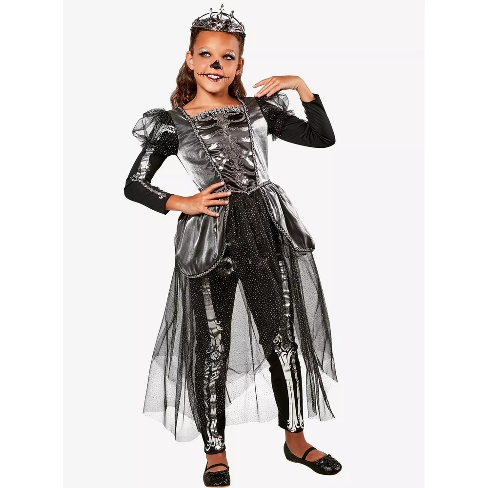 Girls L Royal Skeleton Underworld Queen Costume Silver Metallic Gothic Princess